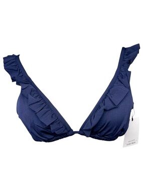 Navy Triangle Bikini Top Ruffle String Tie Back Swimsuit Size 10 NWT